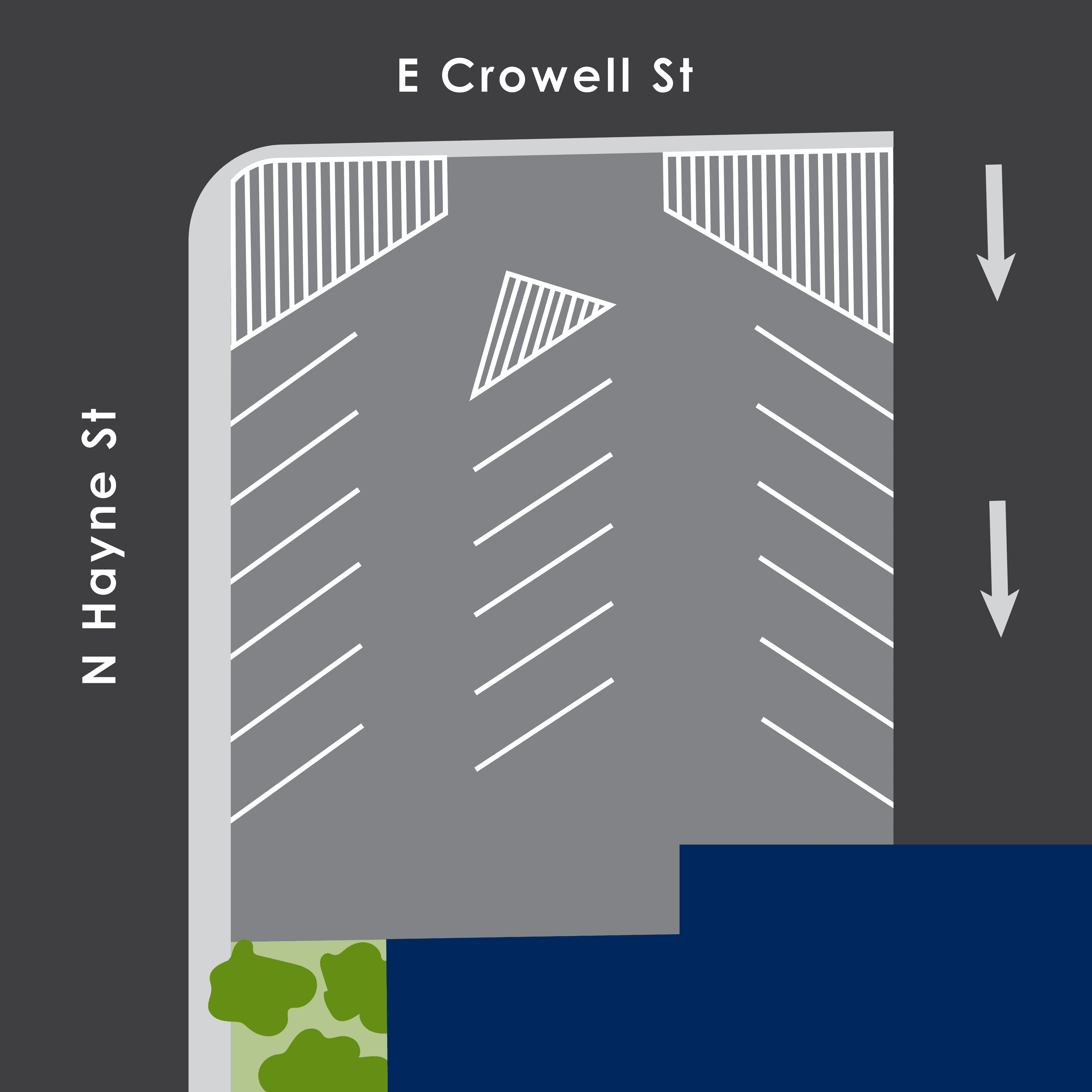 A map of the parking lot at N. Hayne Street and E. Crowell Street