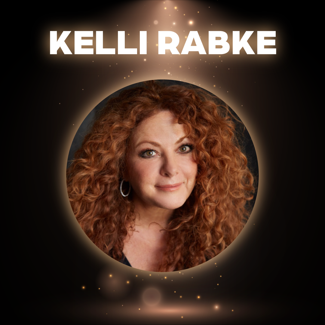 A circle with an image of Kelli Rabke grinning.