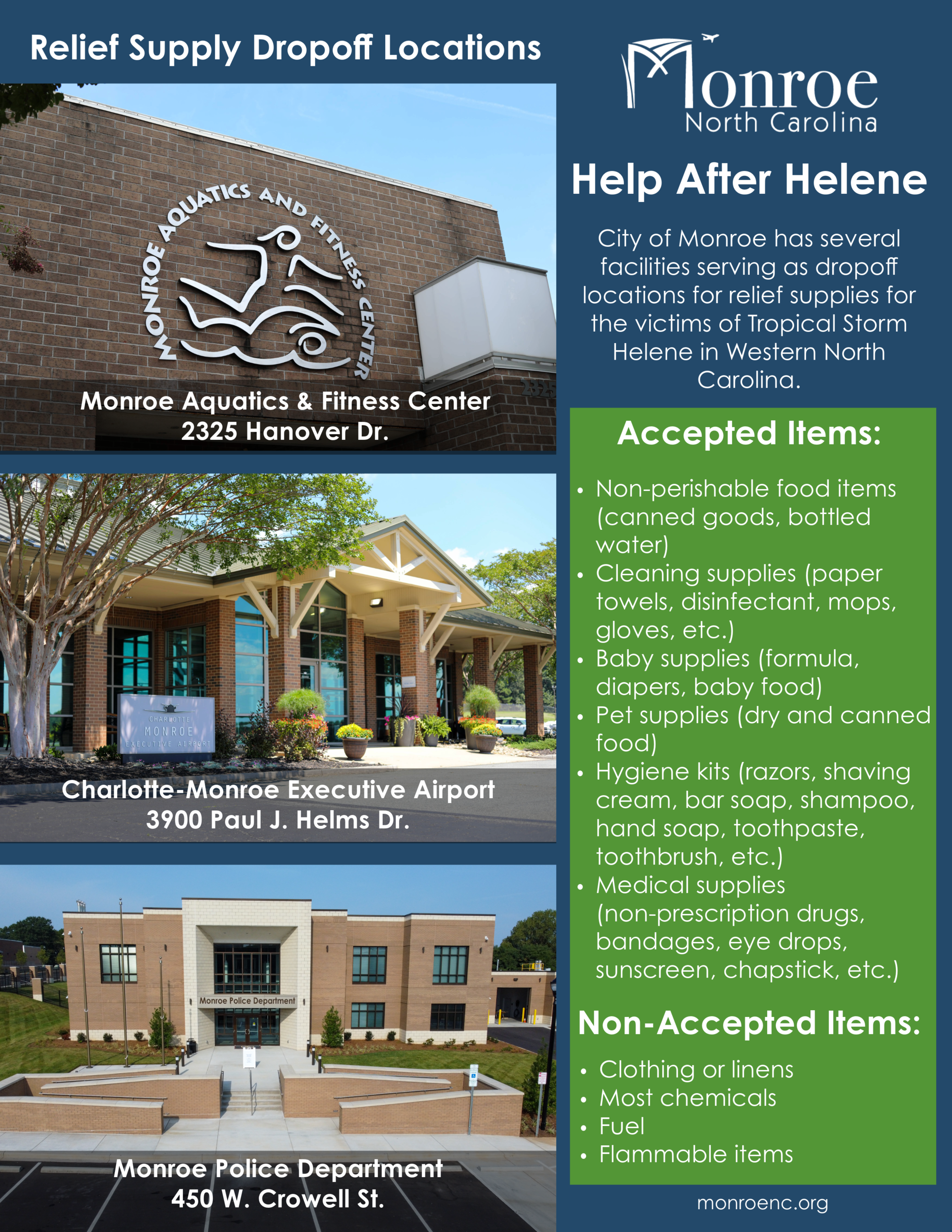 A flyer with locations accepting supplies for storm relief