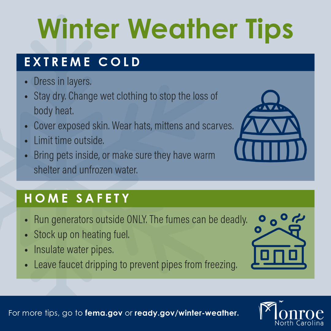 Winter Weather Tips graphic from the City of Monroe with guidance on extreme cold safety.