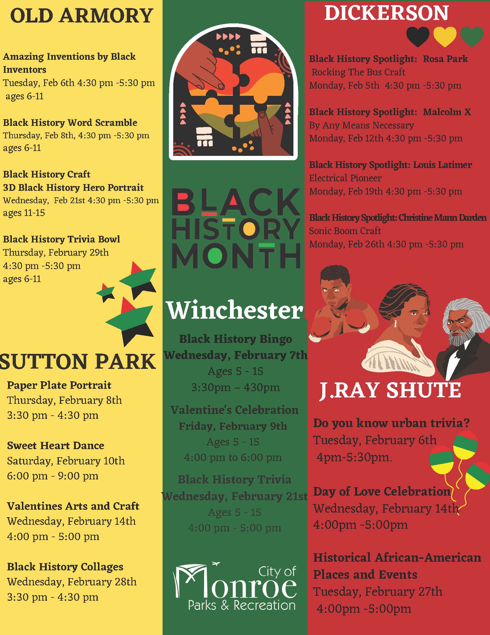 A list of events in February that are taking place at various Monroe community centers.