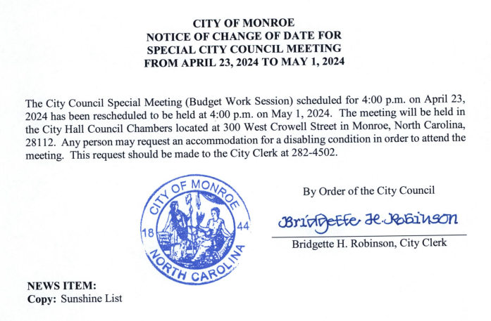 Notice of Change of Date for Special City Council meeting
