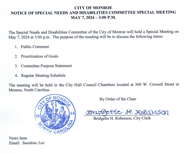 Notice of Special Needs and Disabilities Committee Meeting 5/7/24